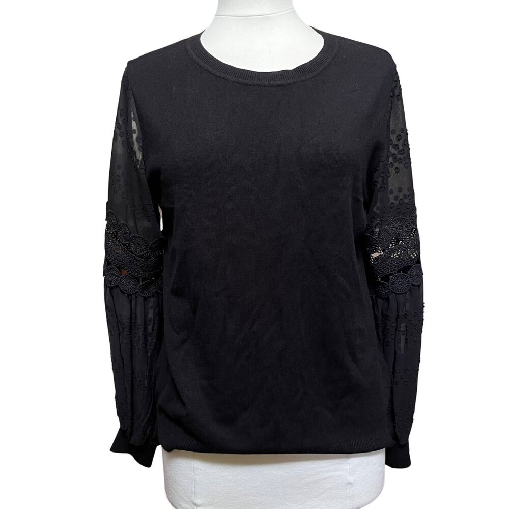 Black‎ Siana Milano Womens Sweater Lace Sheer Puff Sleeves & Ribbed Cuffs READ